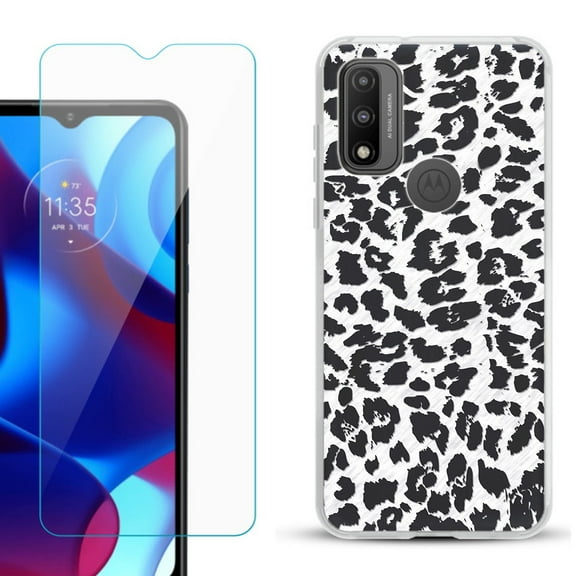 Slim-Fit Gel TPU Phone Case for Motorola Moto G Pure, with Tempered Glass Screen Protector, by OneToughShield ® - Cheetah B/W