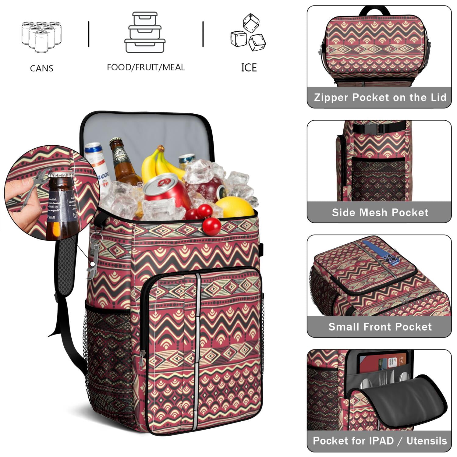 Travel Cooler Bag - Boho Bohemia Pioneer Flower Geometric Line Art Camping Beer Cooler Backpack with Bottle Opener- Waterproof Insulated Picnic Backpacks - Cooler Bag for Beach