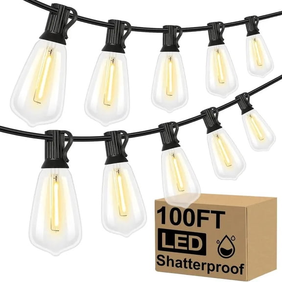 100 10FT LED Outdoor String Lights, Patio Deck Lights with 50 2 Shatterproof ST38 Edison Bulbs, Dimmable Warm White Waterproof Outside Hanging Lights Connectable for Backyard Porch Garden
