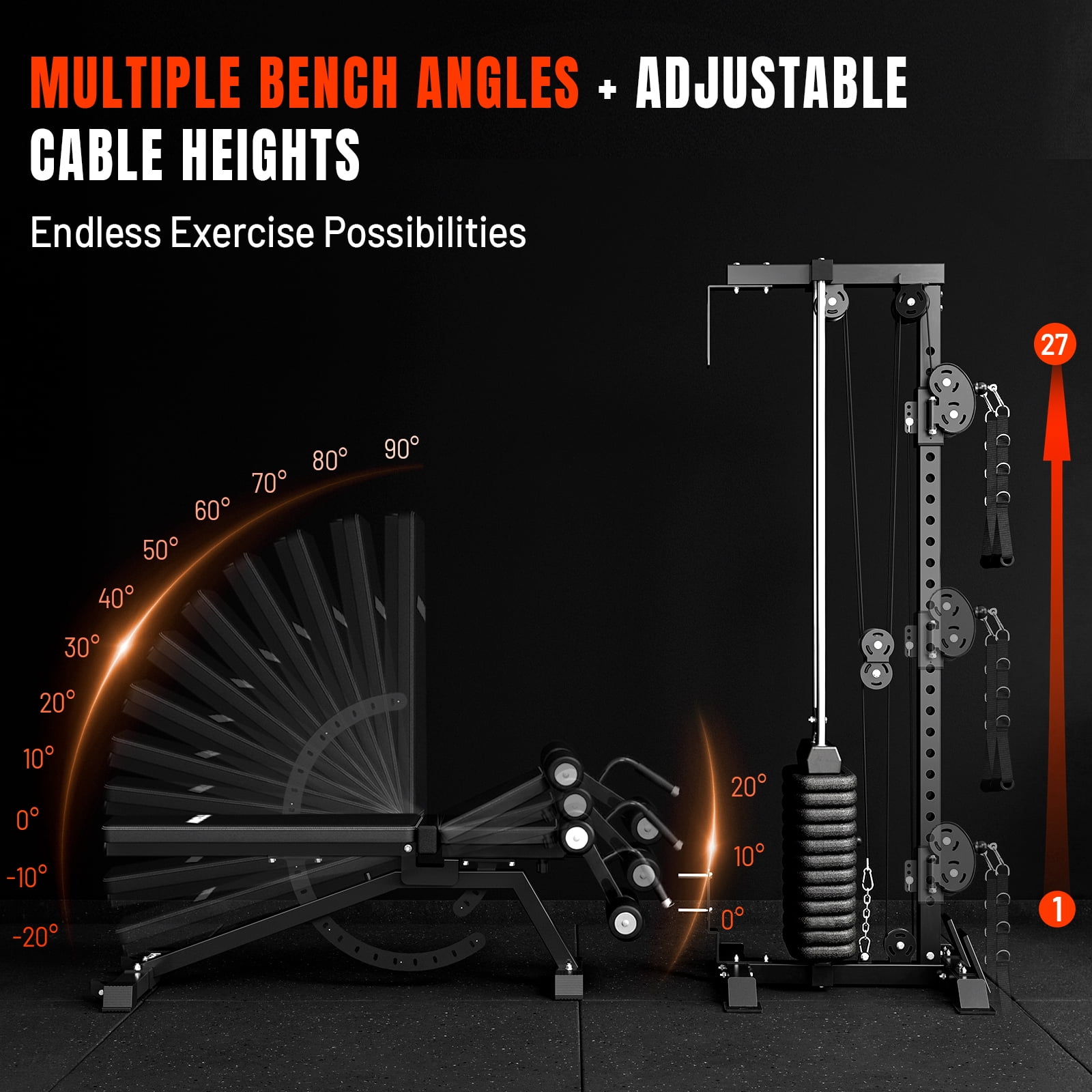 Mikolo Cable Tower Squat Stands with 200LBS Weight Stack, Wall Mounted Pulley Tower  with 1200LB Capacity Adjustable Weight Bench ,Lat Pull Down Machine for Home Gym
