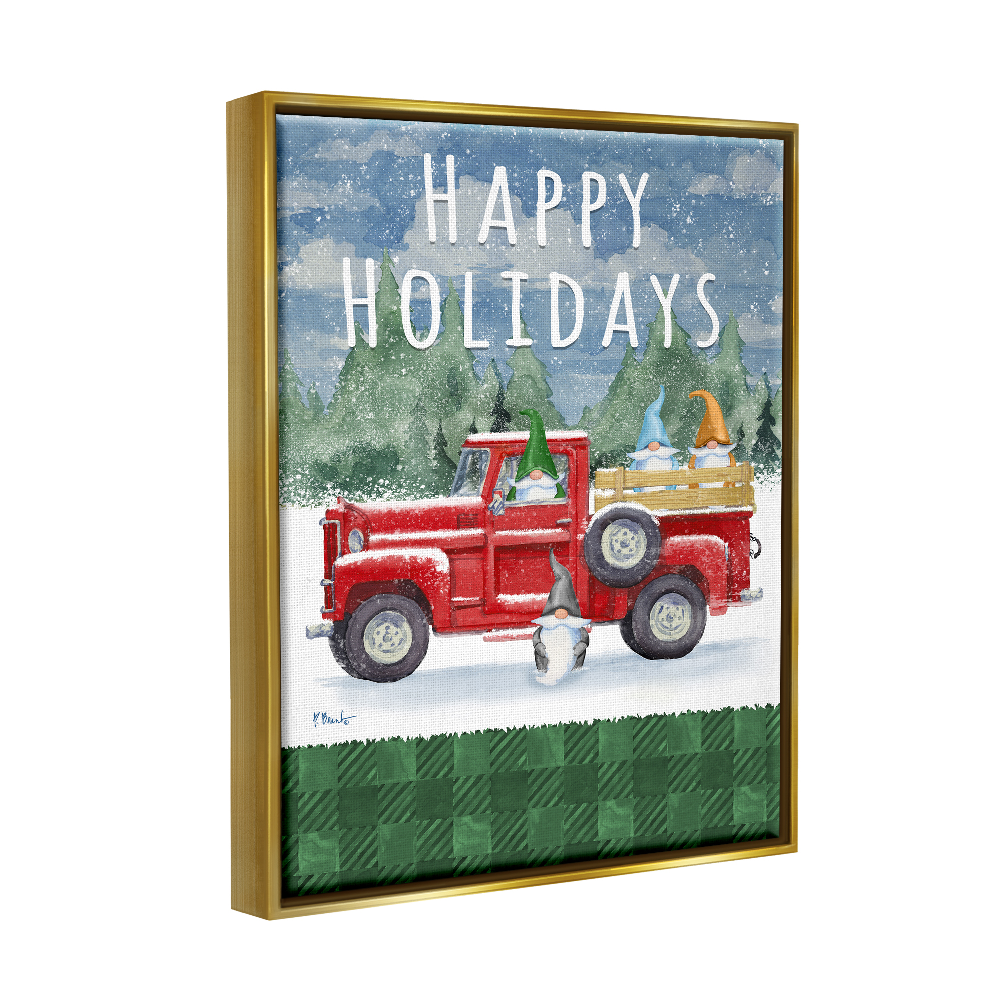 Stupell Industries Happy Holidays Truck Holiday Painting Gold Floater Framed Art Print Wall Art, 25 x 31