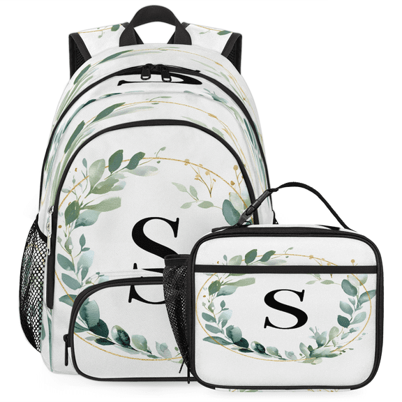 Herdesigns Letter S Large Backpack Set with Lunch Box Lightweight Water Resistant Travel Laptop Backpacks Casual Daypacks for Women Men, Natural Floral Design