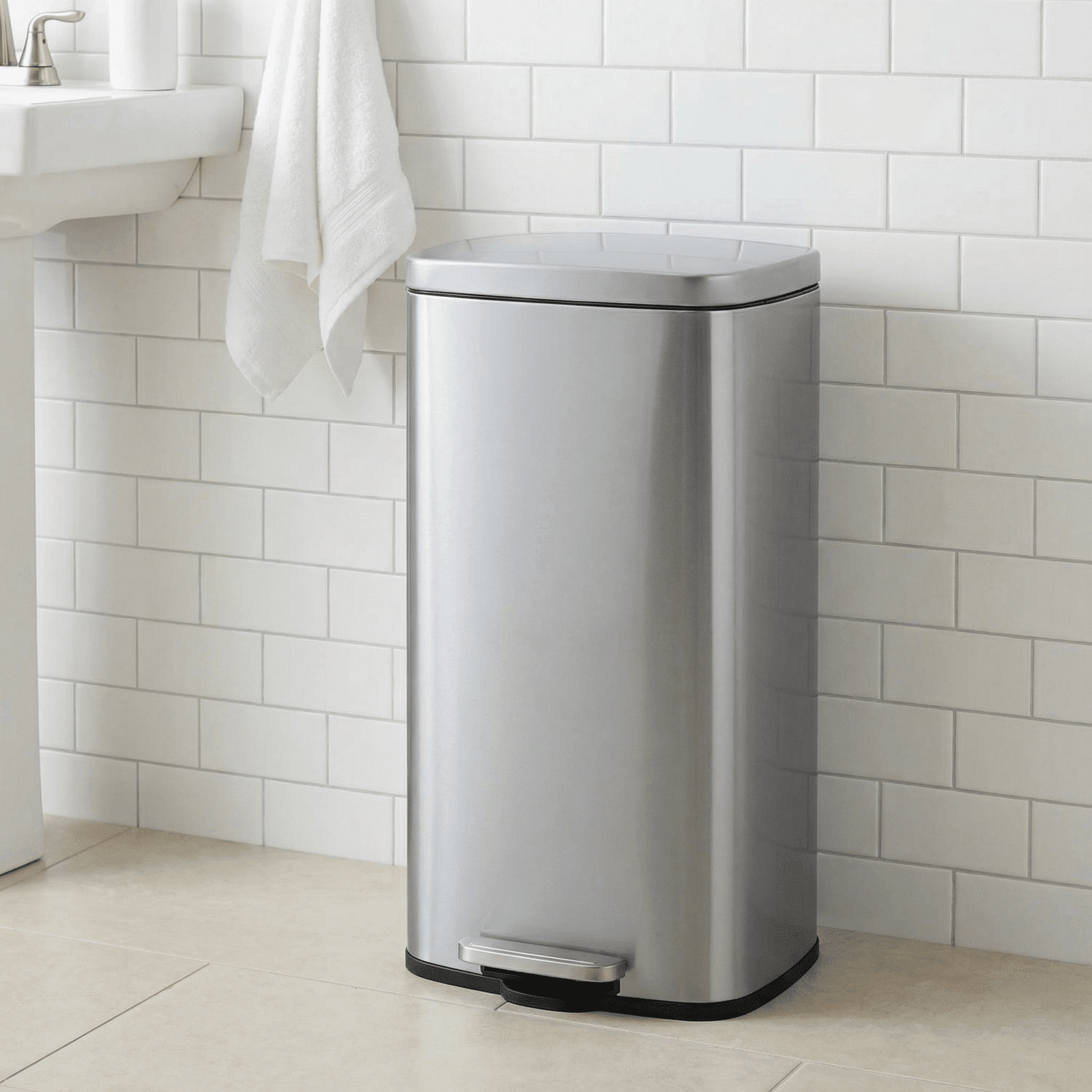 TLSUNNY 8 Gallon Stainless Steel Trash Can with Soft-Close Lid & Step Pedal, Kitchen Garbage Bin, for Home/Office