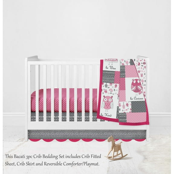 Bacati - Owls in the Woods 3-Piece Crib Bedding Set - Pink/Grey Girls