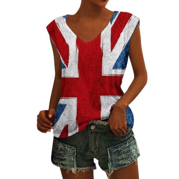 XIAONU Union Jack Print V Neck Tank Top For Women Sleeveless Loose Fit Tees Soft Breathable Patriotic Casual Blouse
