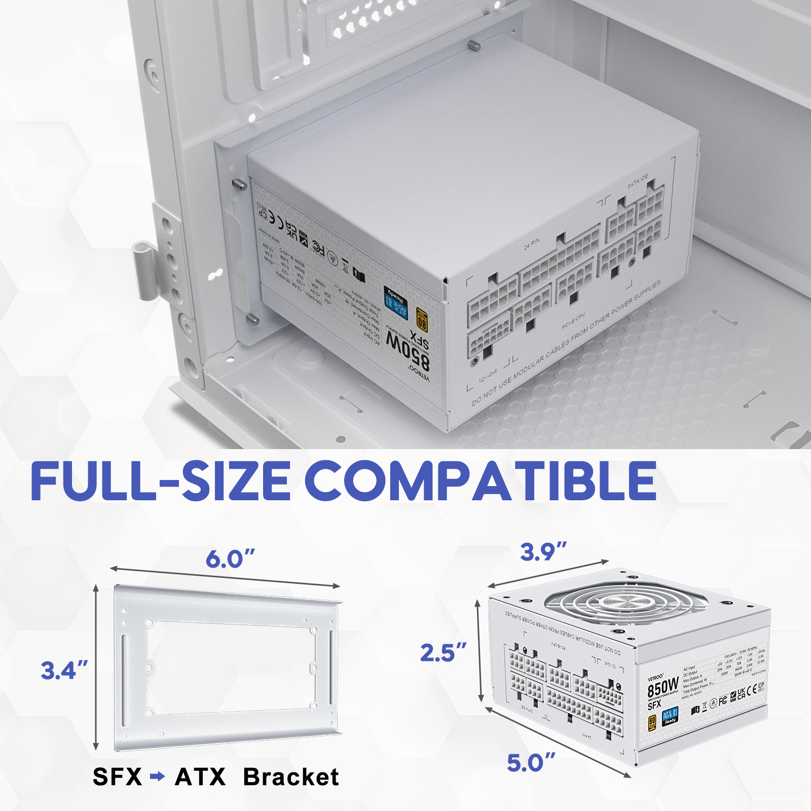 Vetroo 850W SFX Power Supply ATX 3.1 & PCIE 5.1 Ready, 80 Plus Gold Certificate Fully Modular