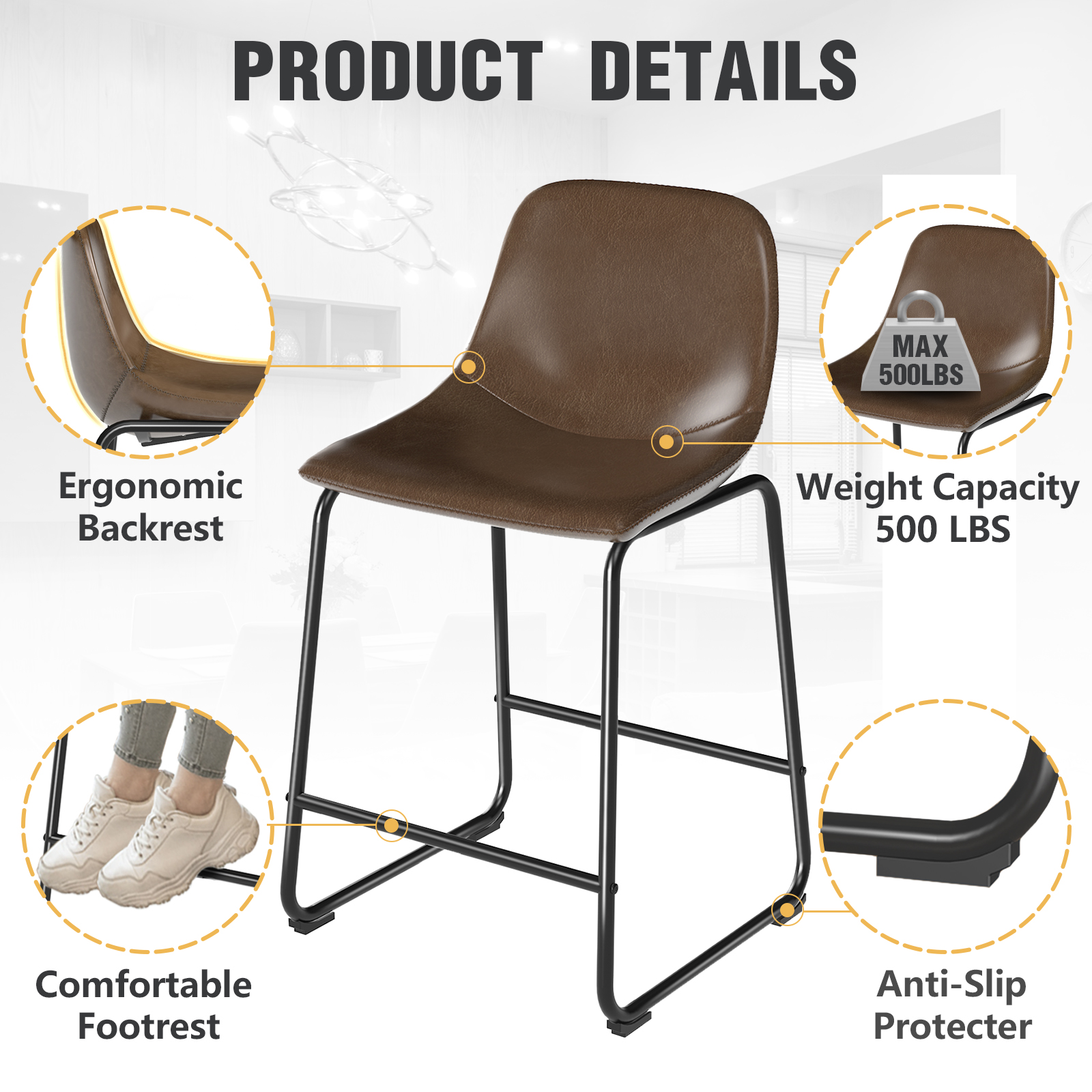 RTVR Counter Height Bar Stools Set of 3, Dining Chairs for Home Kitchen Island, Support 500 lbs,Counter Stool with Back, Modern Faux Leather Barstools with Metal Legs and Footrest,Brown
