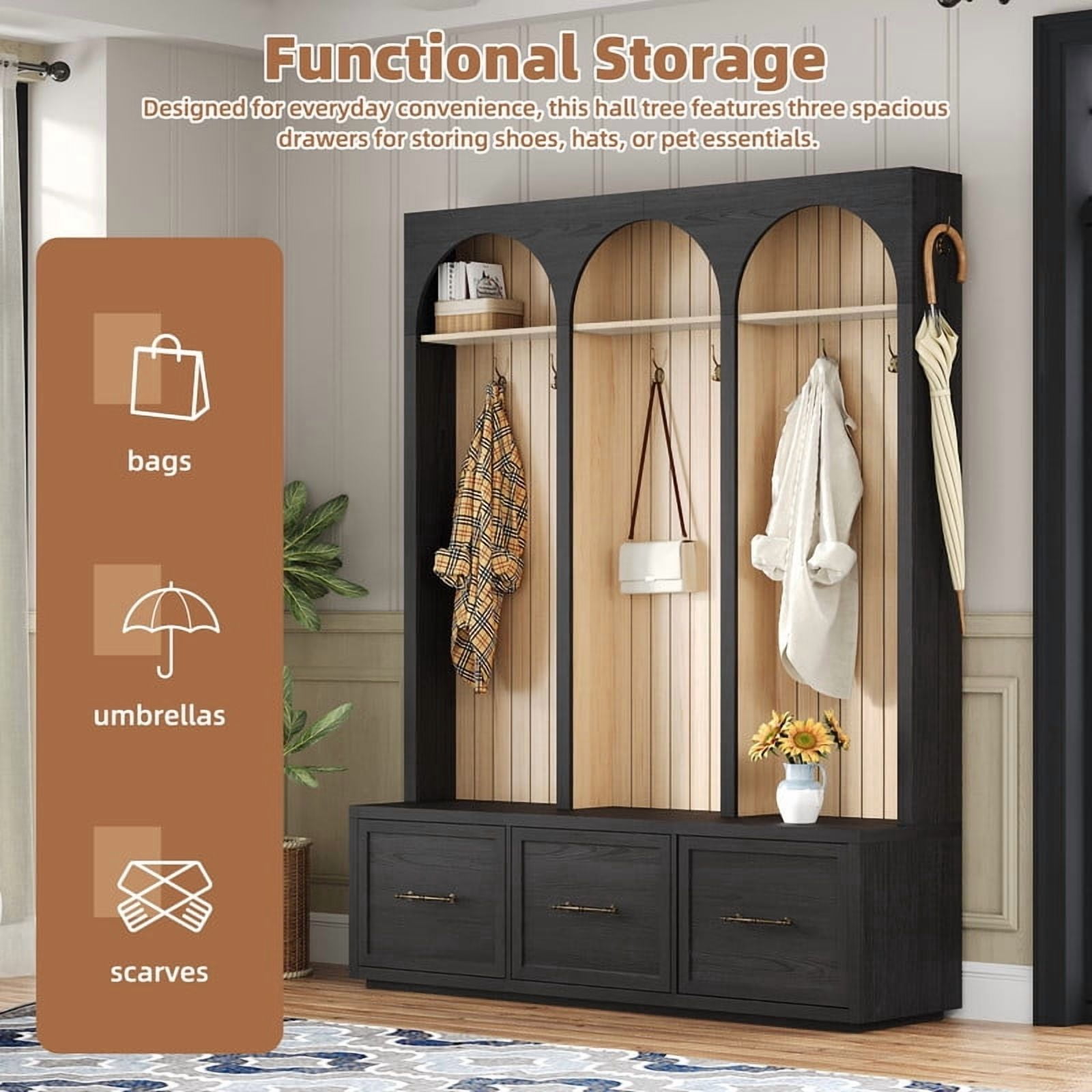 Farmhouse Arched Design Hall Tree with Retro Hooks, Entryway Seating Bench with 3 Storage Drawers, Elegant Coat Rack for Living Room
