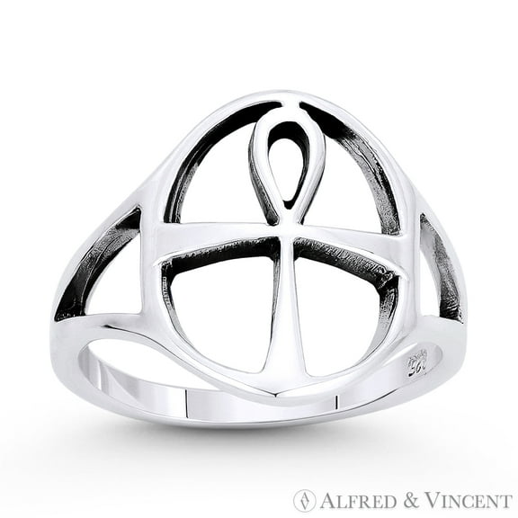 Egyptian Ankh Cross Key-of-Life Charm Splitshank Ring in Oxidized .925 Sterling Silver