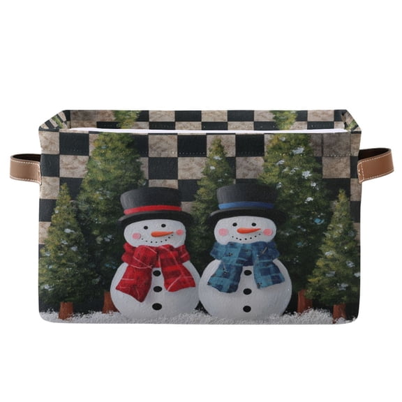 1-Pack Square Closet Organizers with Handles Open Basket Bins Two Snowmen Pattern Storage Basket for Home Office