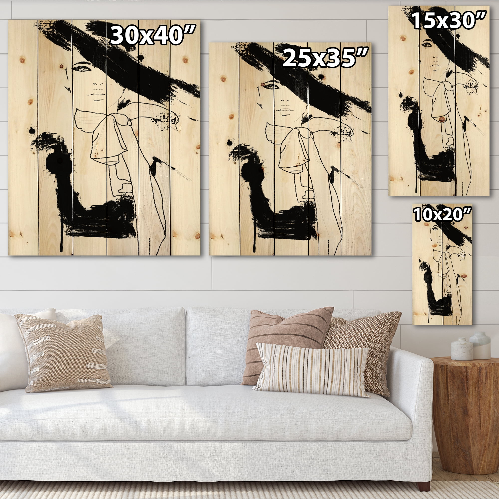 Designart 'Beautiful Black and White Model Haute Couture Fashion Woman II' Modern Print on Natural Pine Wood