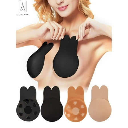 Gustave 2 Pairs Invisible Sticky Bras Adhesive Backless Strapless Bra Rabbit Ear Reusable Lift Up Bra Nipple Cover Breast Pads for Women  Black & Skin  5.9in