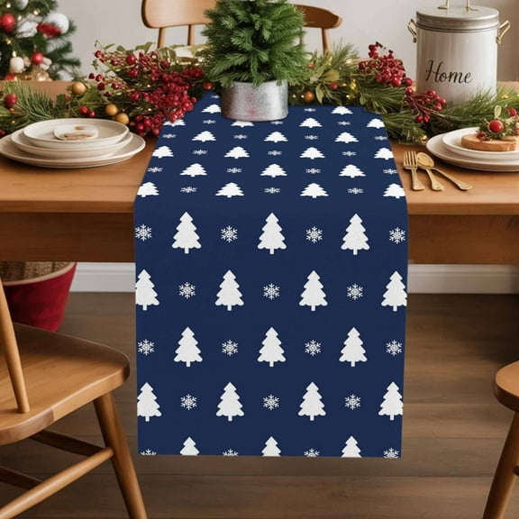 Abstract Christmas Trees Table Runner 13x90in Non-Slip Cotton Linen Table Runners, Xmas Snowflakes on Blue Dresser Scarves TableRunner for Dinner Kitchen Dining Wedding Party