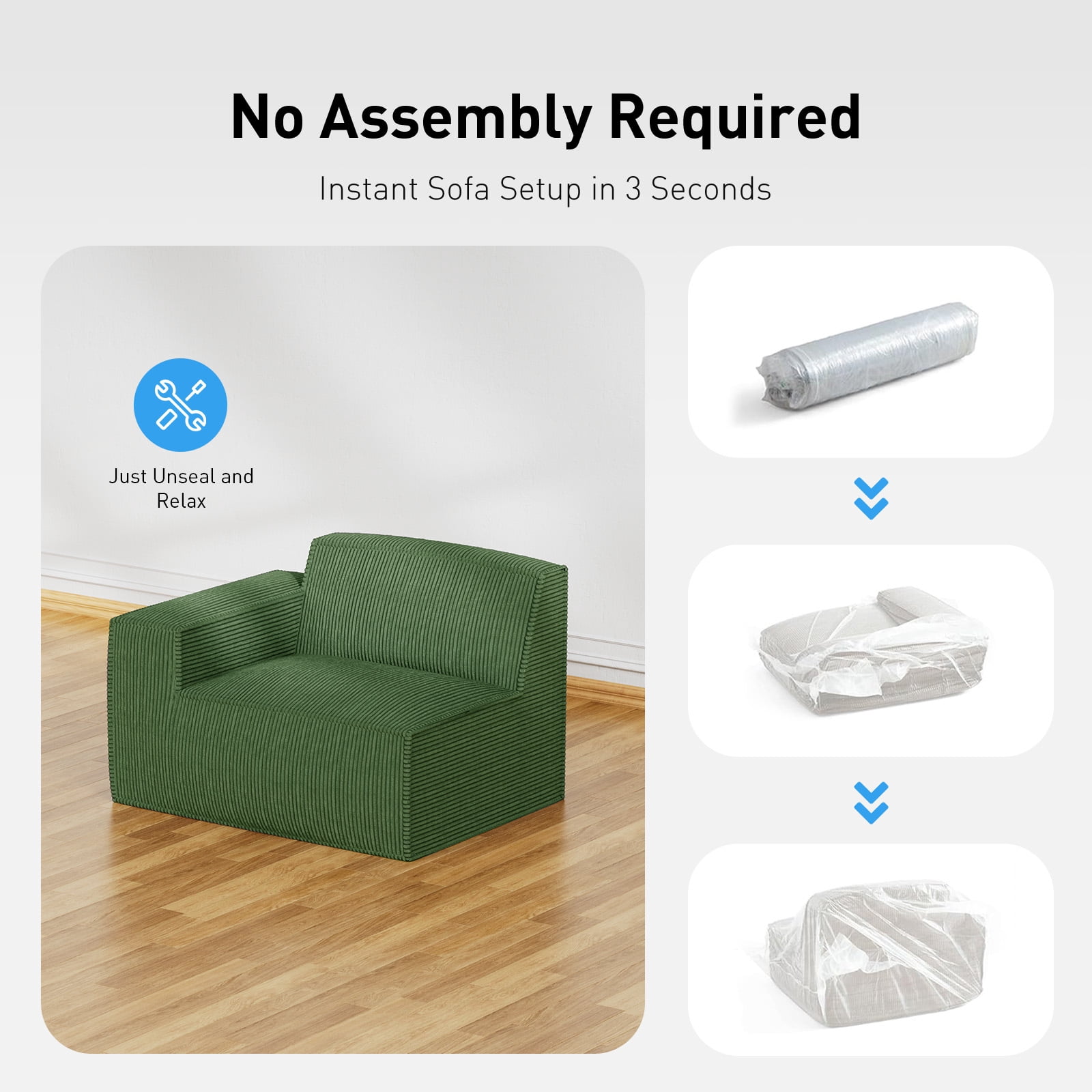 CHITOOMA Modular Sectional Couch, 111" Corduroy Cloud Couches with Deep Seats and High-Back Design, 3-Seater Sofa for Living Room, No Assembly Required, Green