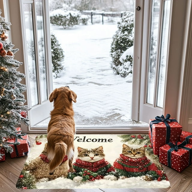 Aooww Tapis de Porte Intérieur, Tapis de Porte avant Arrière Antidérapant avec Support en Caoutchouc, Tapis d'Intérieur pour Entrée Profil Bas Absorbant Résistant à la Saleté Rouge Tapis de Sol de Noël