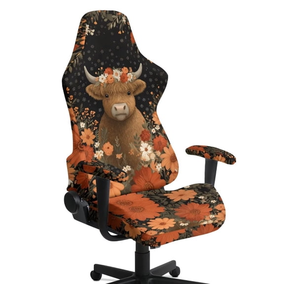 SCRAWLGOD Highland Cow Daisy Floral Print Red Black Print Gaming Chair Cover with Armrest Cover, Wear Resistant Computer Chair Slipcovers with Elastic Bottom Dustproof Chair Seat Protector