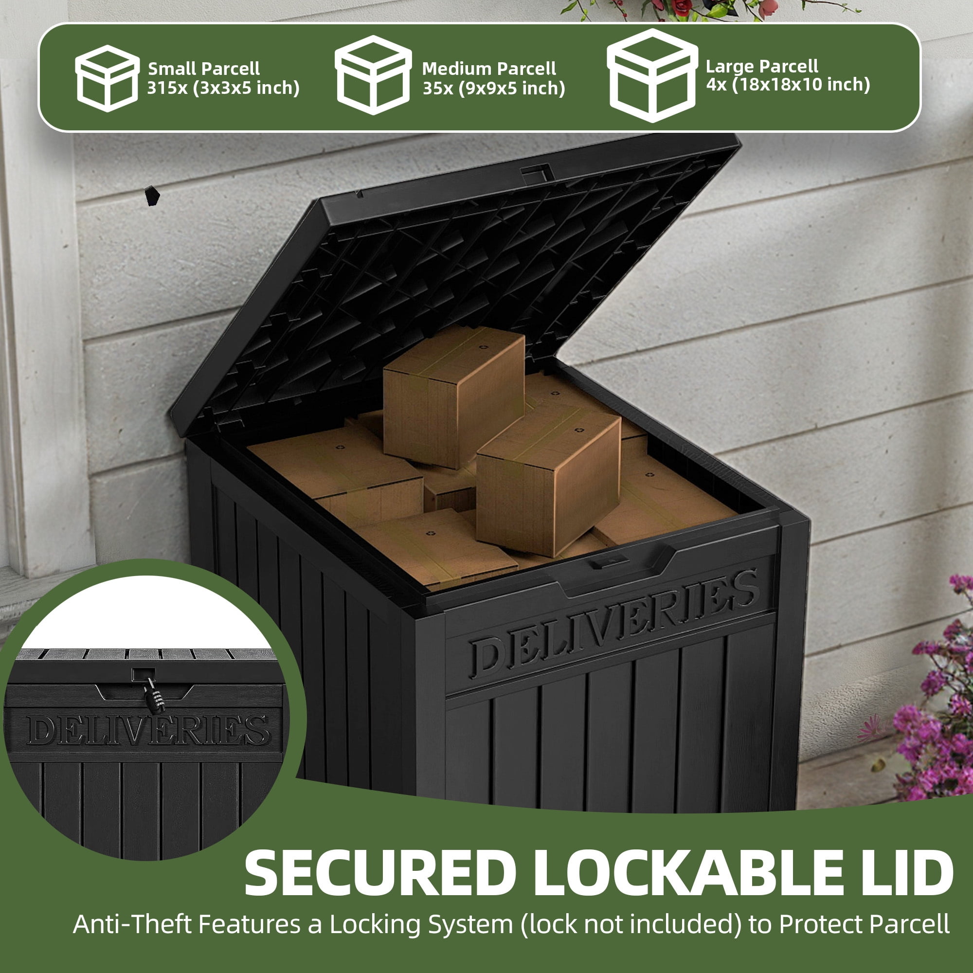 Uforic 51 Gallon Large Outdoor Resin Package Delivery Box, Waterproof Lockable Deck Storage Box for Porch & Curbside, Black