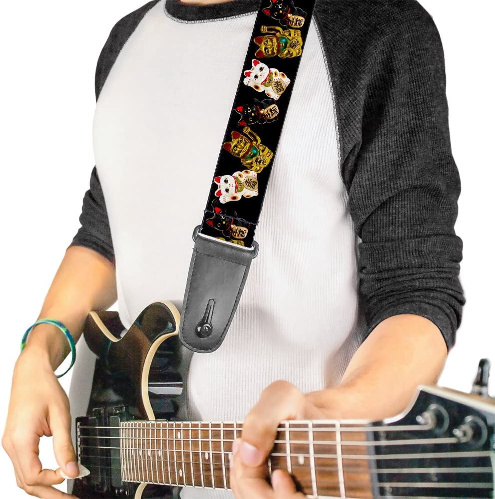 Buckle-Down Guitar Strap, Maneki Neko Lucky Cats Gold Black White, 2 Inches Wide