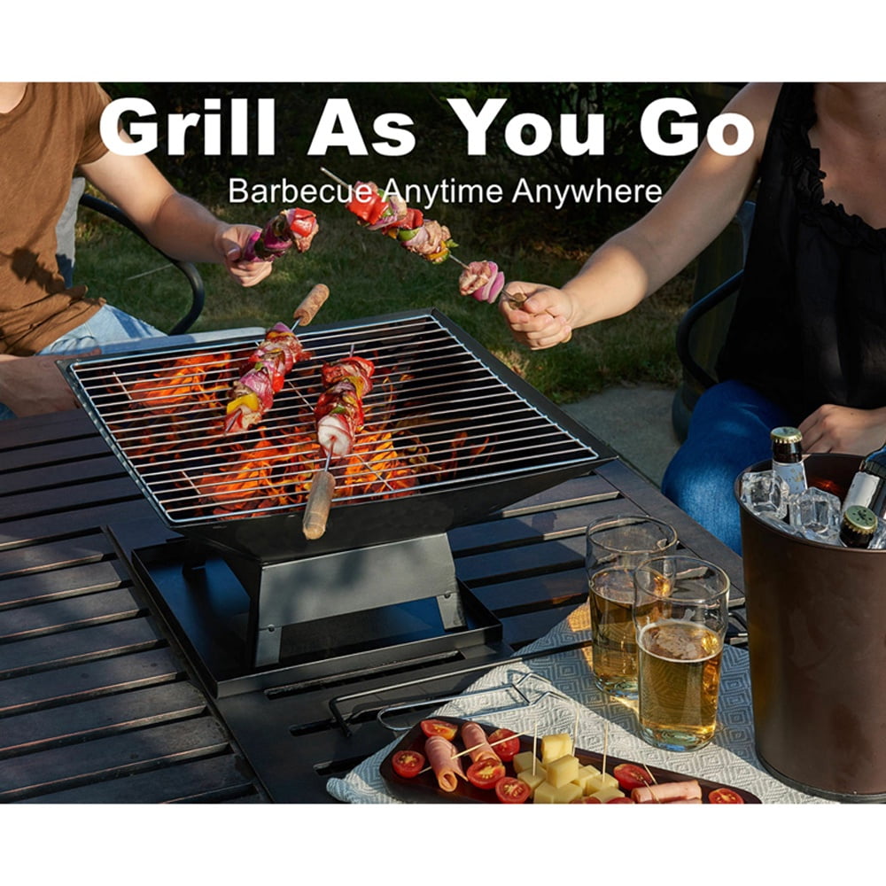 Outdoor Fire Pit, 19" Firepit, Segmart Wood Burning Fire Pit, Fire Pits for Outside, Fire Pit Table with Lid, Grill, Poker, Square Metal Firepit Table For Outside Patio, Black