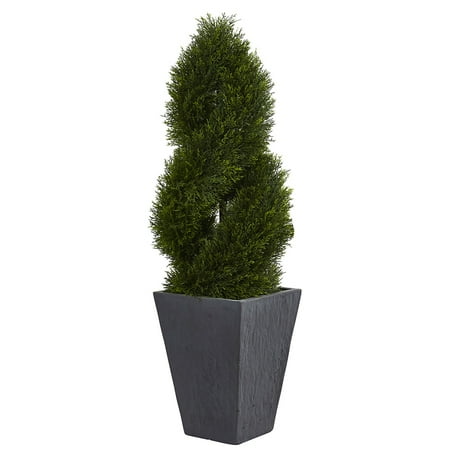 Cypress Topiary Tree - 4’ Cypress Double Spiral Topiary Artificial Tree in Slate Planter UV Resistant (Indoor/Outdoor) Silk Trees