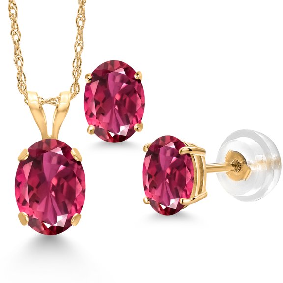 Gem Stone King 14K Yellow Gold Pink Tourmaline Pendant Earrings Jewelry Set for Women | 1.80 Cttw | Gemstone October Birthstone | Oval 7X5MM | with 18 inch Chain