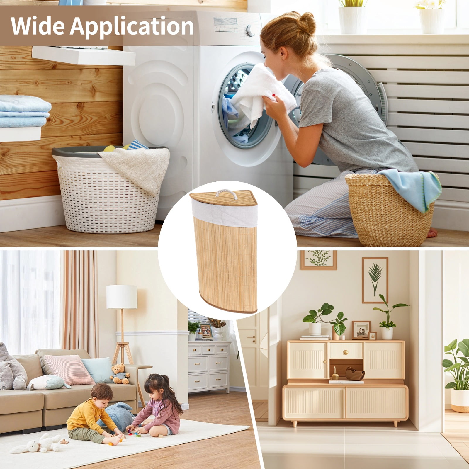 Corner Laundry Hamper with Lid, Foldable Triangle Clothes Hamper, Natural Wood Weave Laundry Basket Bin for Bedroom Bathroom Laundry Room, 25 x 18 in