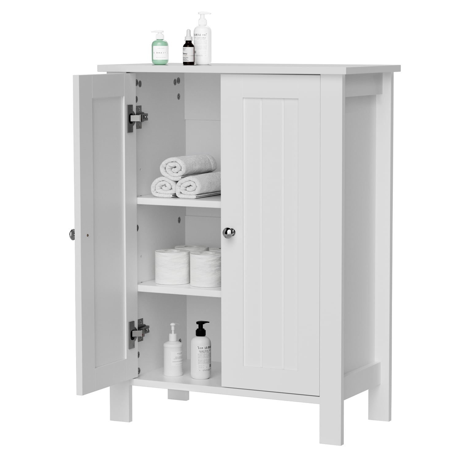 ASJMR Farmhouse Bathroom Floor Cabinet with 2 Doors, Modern Storage Freestanding Organizer Cabinet with Adjustable Shelves, Small Bathroom Cabinet for Kitchen/Bathroom/Living Room, White