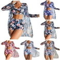 thumbnail image 2 of Jacenvly Cover up 3 Piece Bikini Sets for Women Cozy Long Sleeve Swimsuit Floral with Cover up Surfing Swimwear Satiny Women'S Printed Bikini Straps Bikini Split Set Three Piece Set Gray, 2 of 11