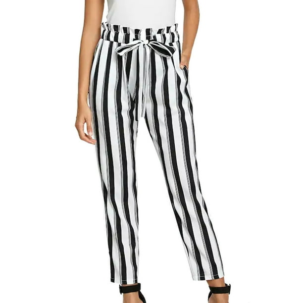 black and white striped paperbag pants