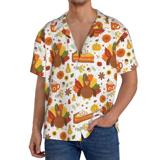 Fotbe Thanksgiving With Turkey Camisa Estampada de Manga Corta para Hombre, Casual de Verano, Estilo Playero, Sin Arrugas-Large