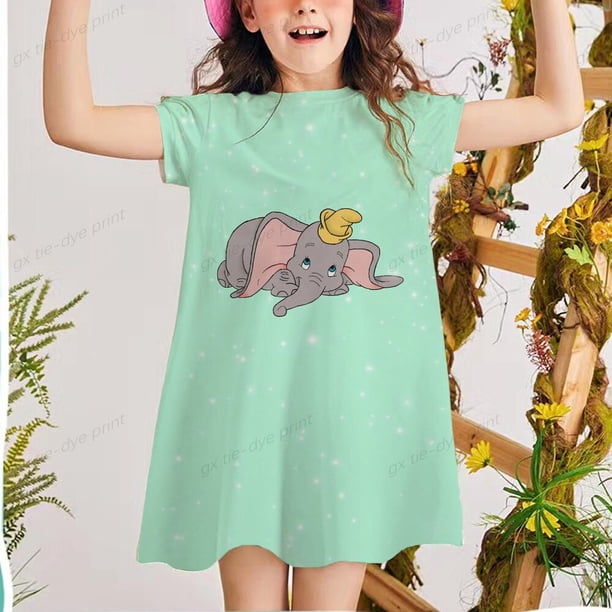 Ropa de verano, ropa de mujer para bebés, vestido de playa de algodón de manga corta con estampado de elefante volador bonito coreano, vestido de princesa 2T Gao Jinjia LED