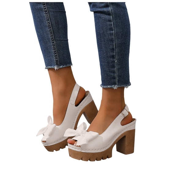 Rokment Womens Bow Platform Chunky Block High Heels Dressy Sandals Bridal Fashion Casual Leather Bowknot Open Peep Toe Heeled Dress Summer Shoes with Back Strap for Wedding Beige Size 6