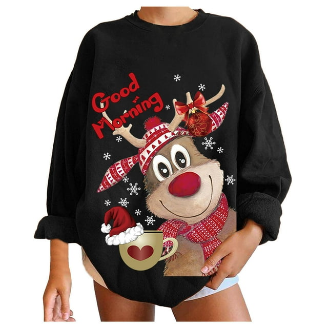 Chandail en Molleton de Noël pour Femmes Imprimé Mode Pull à Manches Longues Fermeture Cardigan Vacances Xmas Veste Mi-Longue Col Rond Pull Chaud