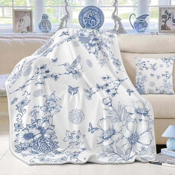 [Maple] [60x50inch] Soft Funny Throw Blanket Cute Thick Blue White Floral Chinoiserie Flower Blanket Gifts For Women Kids Girls Flannel Hummingbird Blanket For French Country Coastal Spring Decor