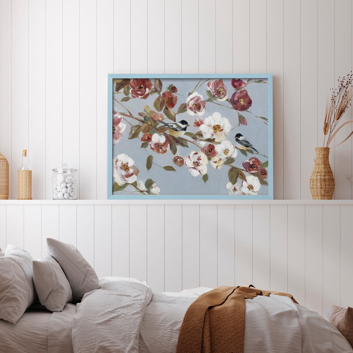 Chickadees and Blossoms II by Sally Swatland - Restickable Framed Giclée Print