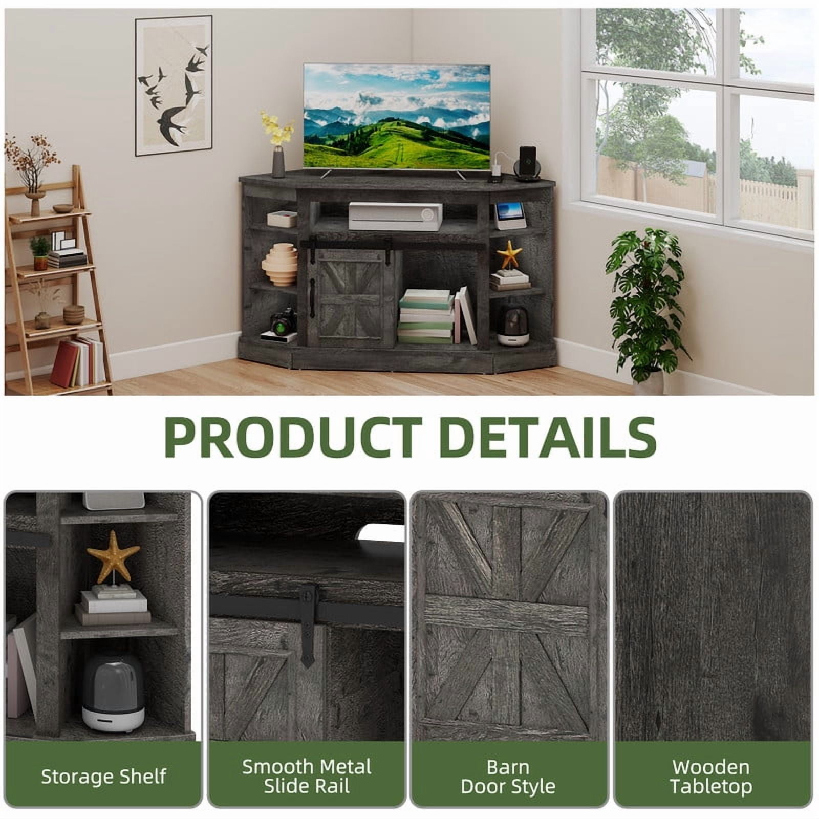 Uforic Farmhouse Corner TV Stand for 50" TV, Entertainment Center with Sliding Barn Door, Dark Gray
