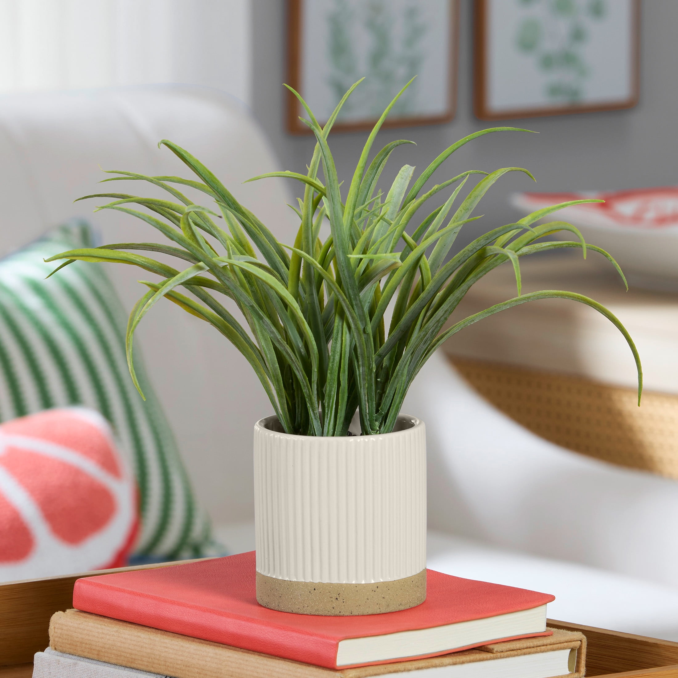 Mainstays by Becky G. & Alejandra 9.5" Artificial Grass in White Two-Tone Ribbed Ceramic Pot