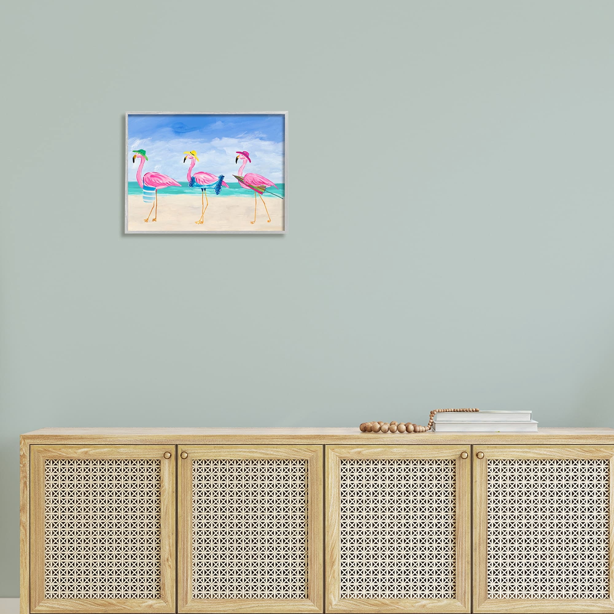 Stupell Industries Cute Pink Flamingos Beach Attire Strolling Coast Illustration , 20 x 16, Design by Julie Derice