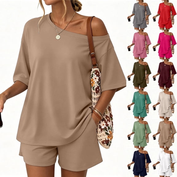 Womens 2 Piece Summer Shorts Set Lounge Matching Two Piece Oversized Beach Vacation Outfits 2026 Sweatsuits Khaki XL