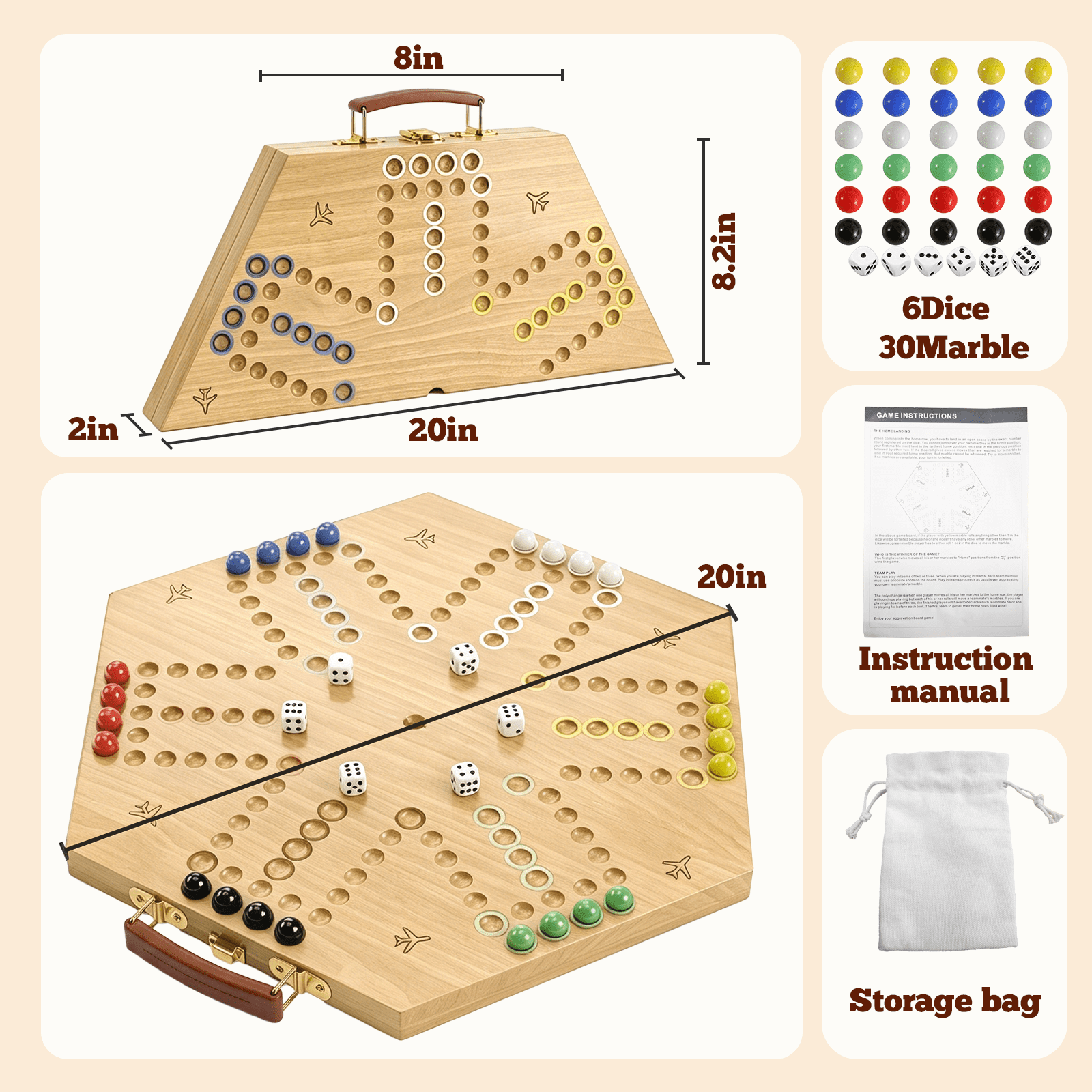 Grhonior Folding Wooden Wahoo Aggravation Marble Board Game Set Classic 6 Player with Integrated Accessory Storage 1 Pack Large 21 Inch