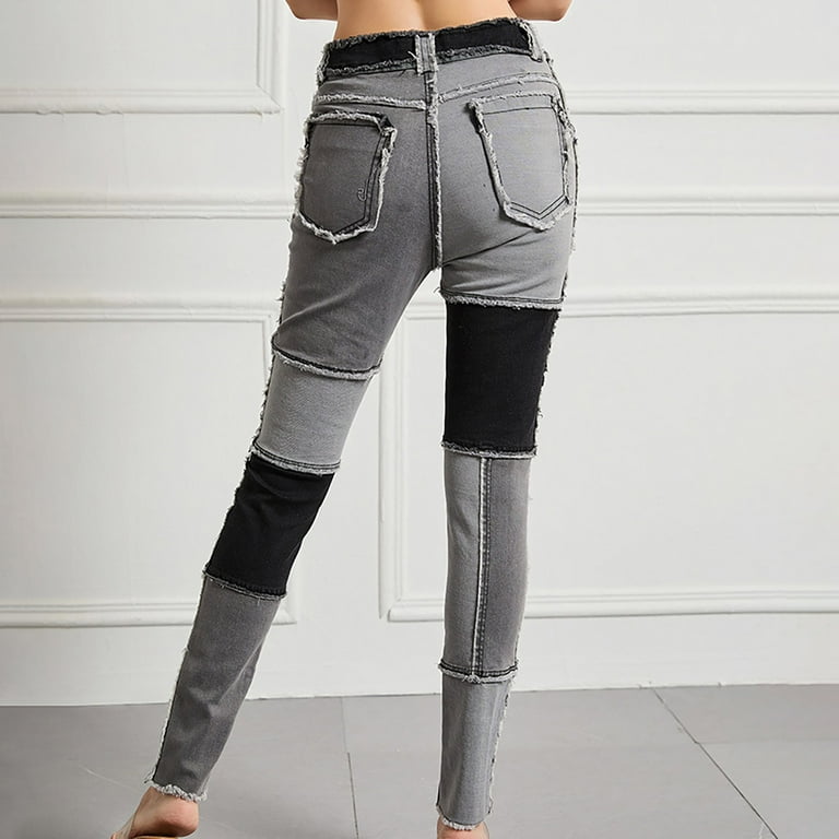PXLKNZH High Waisted Jeans for Women Skinny Denim Patchwork