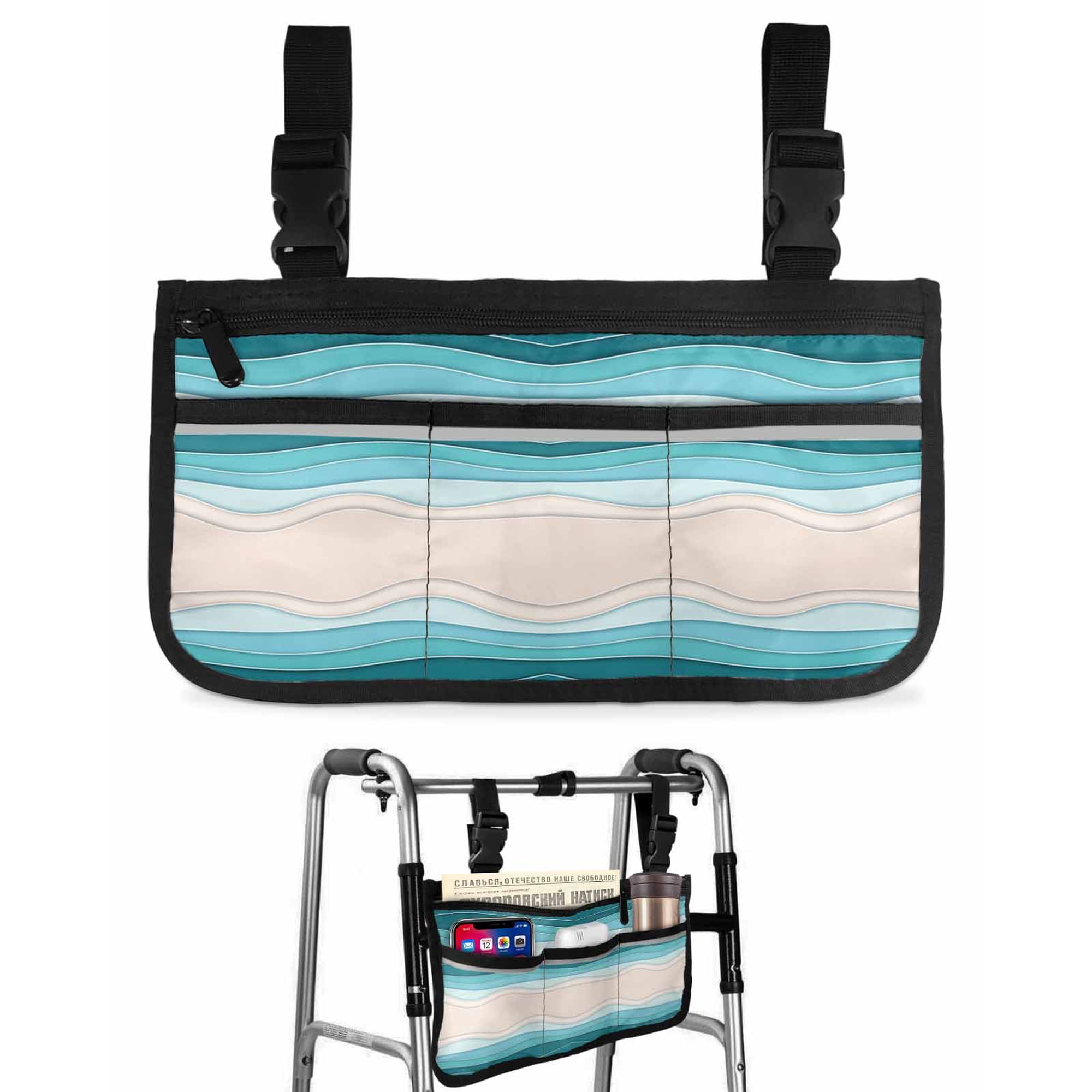 Abstract Lines Wheelchair Side Bag with Cup Holder, Blue Beige Waves Modern Style Simple Wheelchair Armrest Bag Storage Pouch Adults, Seniors for Walkers, Rollator, Scooter