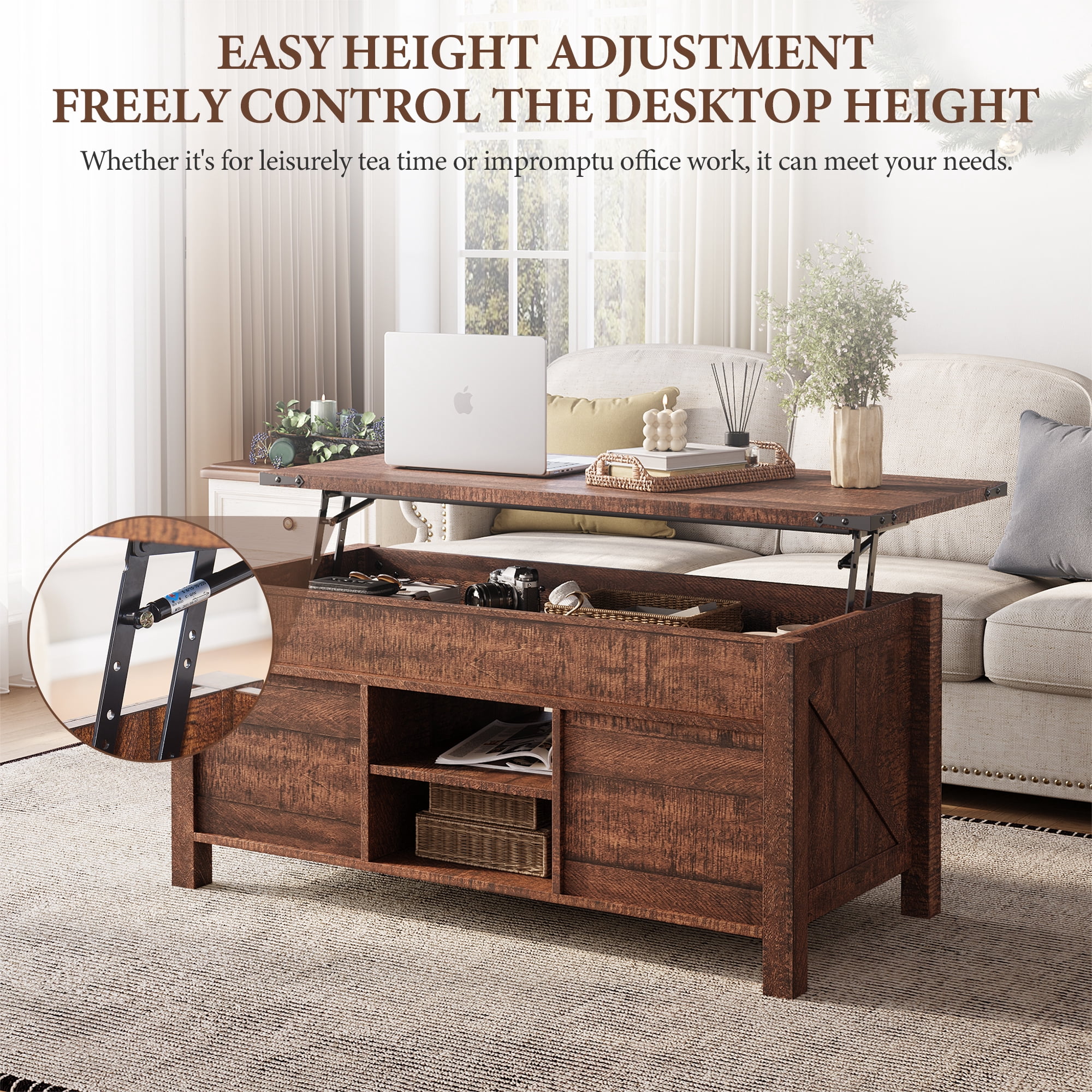 OKD 48" Farmhouse Lift Top Coffee Table with Sliding Barn Door, Rustic Center Table with Hidden Storage Compartment for Living Room, Office, Reclaimed Barnwood