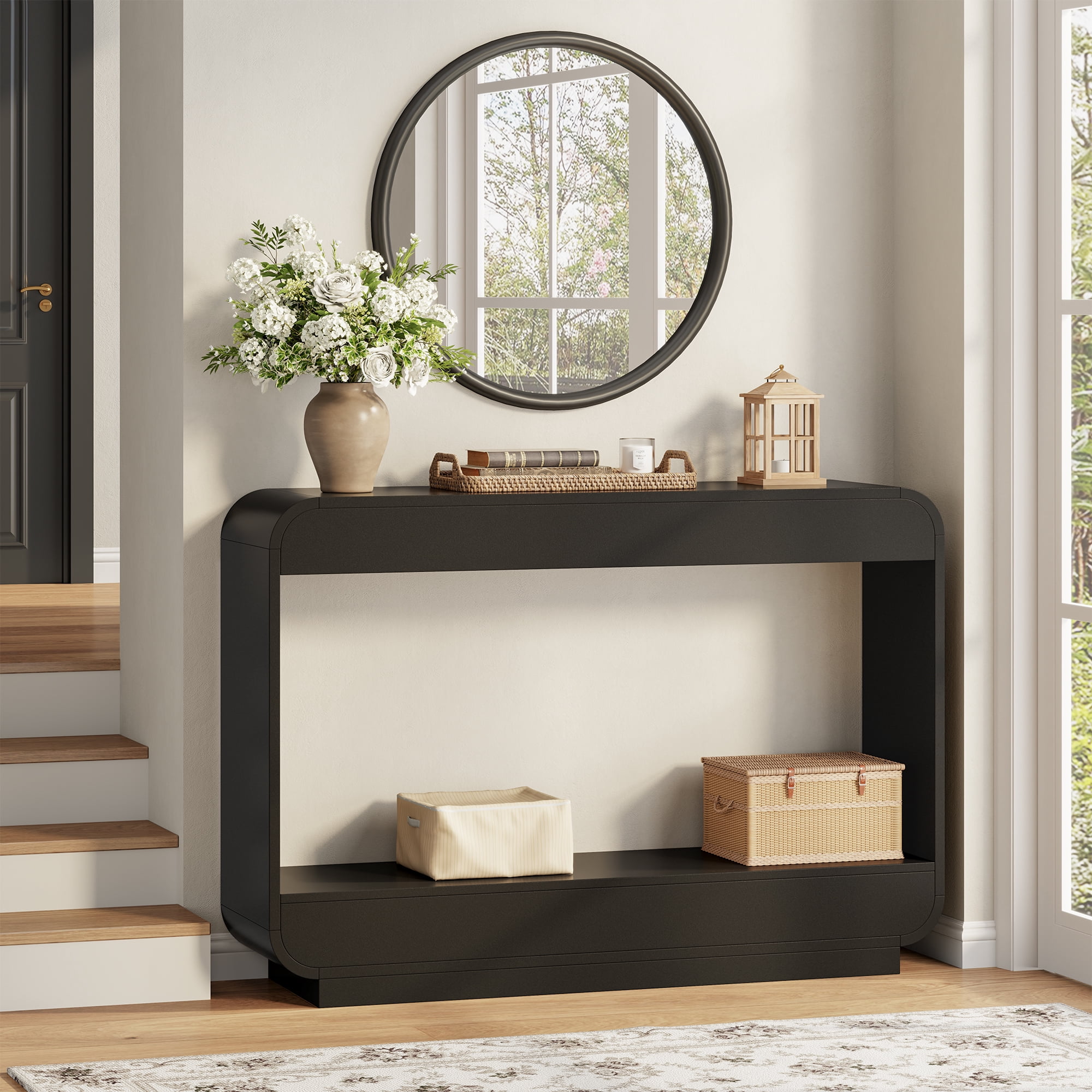 Aufeile 43" Console Table, Curved Entryway Table with Storage, 2-Tier Wood Sofa Table Behind the Couch, Narrow Entry Table for Hallway Foyer Entrance, Black