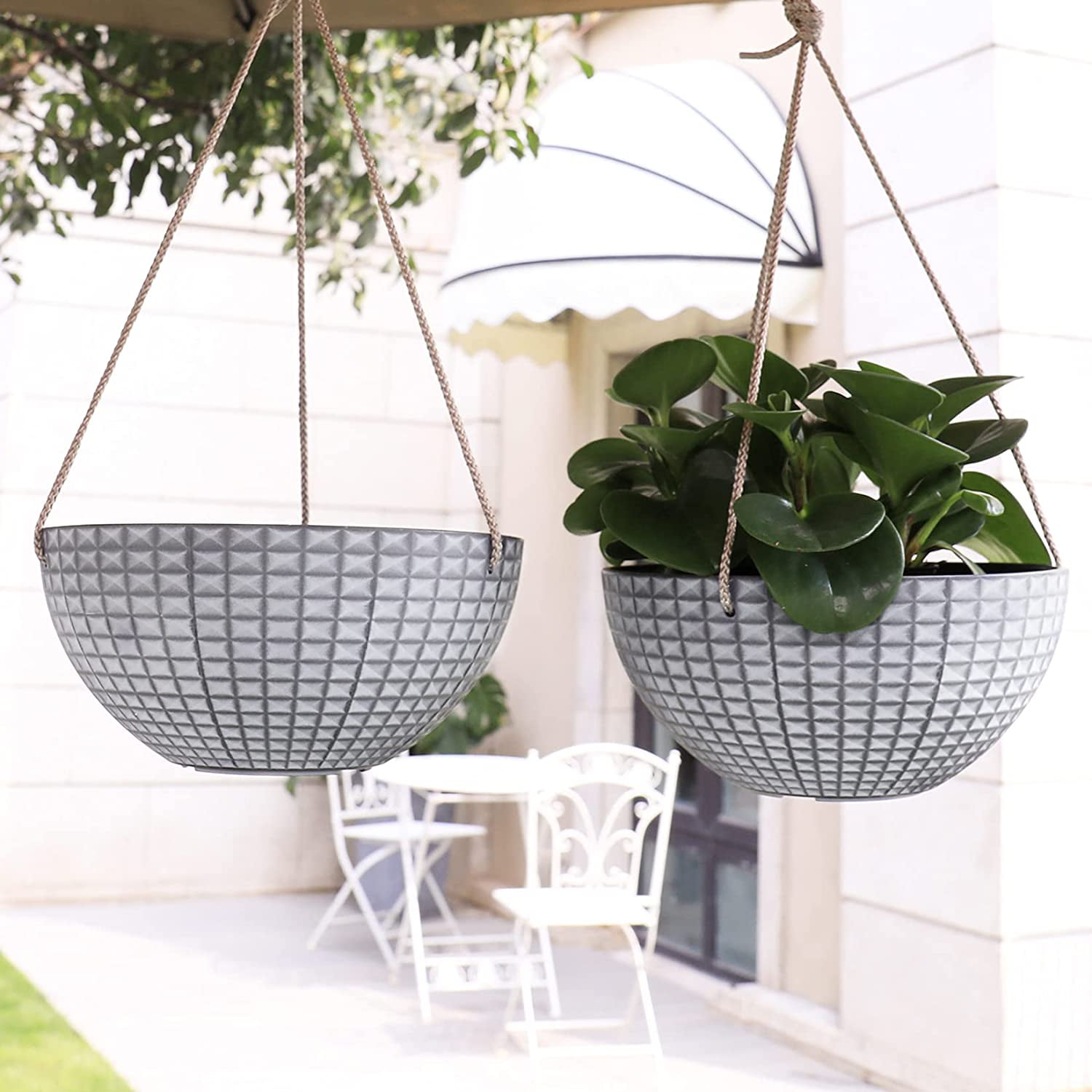 Balcony Patio Garden Matte Black Set of 2 10 Inch Plant Pots with Geometric Mosaic Texture Patterns LA JOLIE MUSE Hanging Planter Set for Outdoor Indoor with Drain Hole 