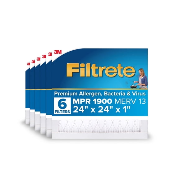 Filtrete 24x24x1 HVAC Furnace Air Filter, MPR 1900 MERV 13, Premium Allergen, Bacteria and Virus, 6 Pack