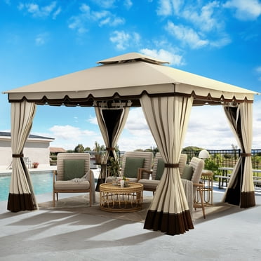 Dextrus 10' x 12' Outdoor Gazebo for Patios, Double Roof Softtop Canopy Gazebo with Mosquito Netting and Curtains, Soft Fabric Top Garden Winds Tent for Lawn, Garden, Backyard and Deck