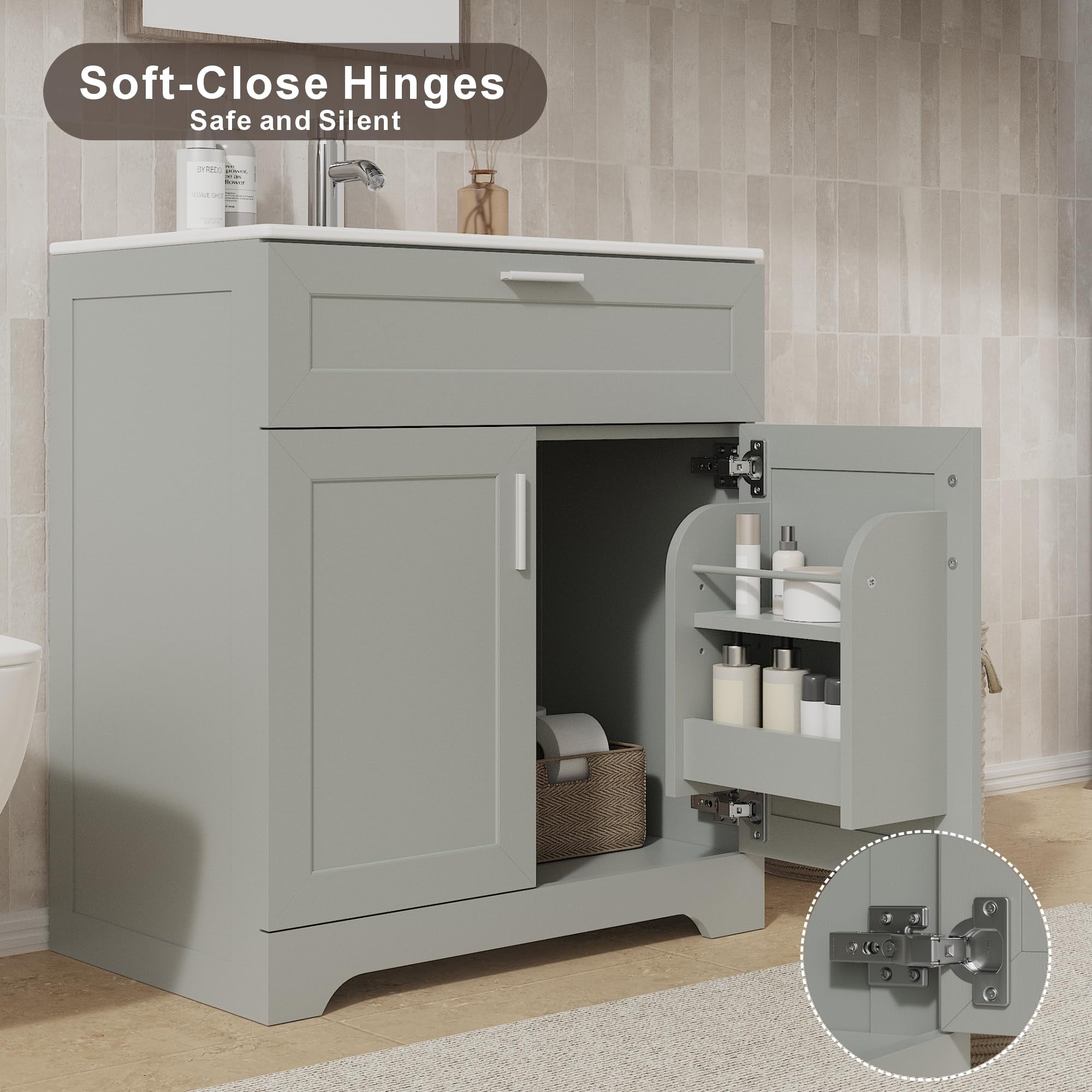 KIGOTY 30" Modern Bathroom Vanity with Ceramic Basin, Free Standing Bathroom Storage Cabinet with with 2 Soft-Closing Doors and 1 Drawer, Gray