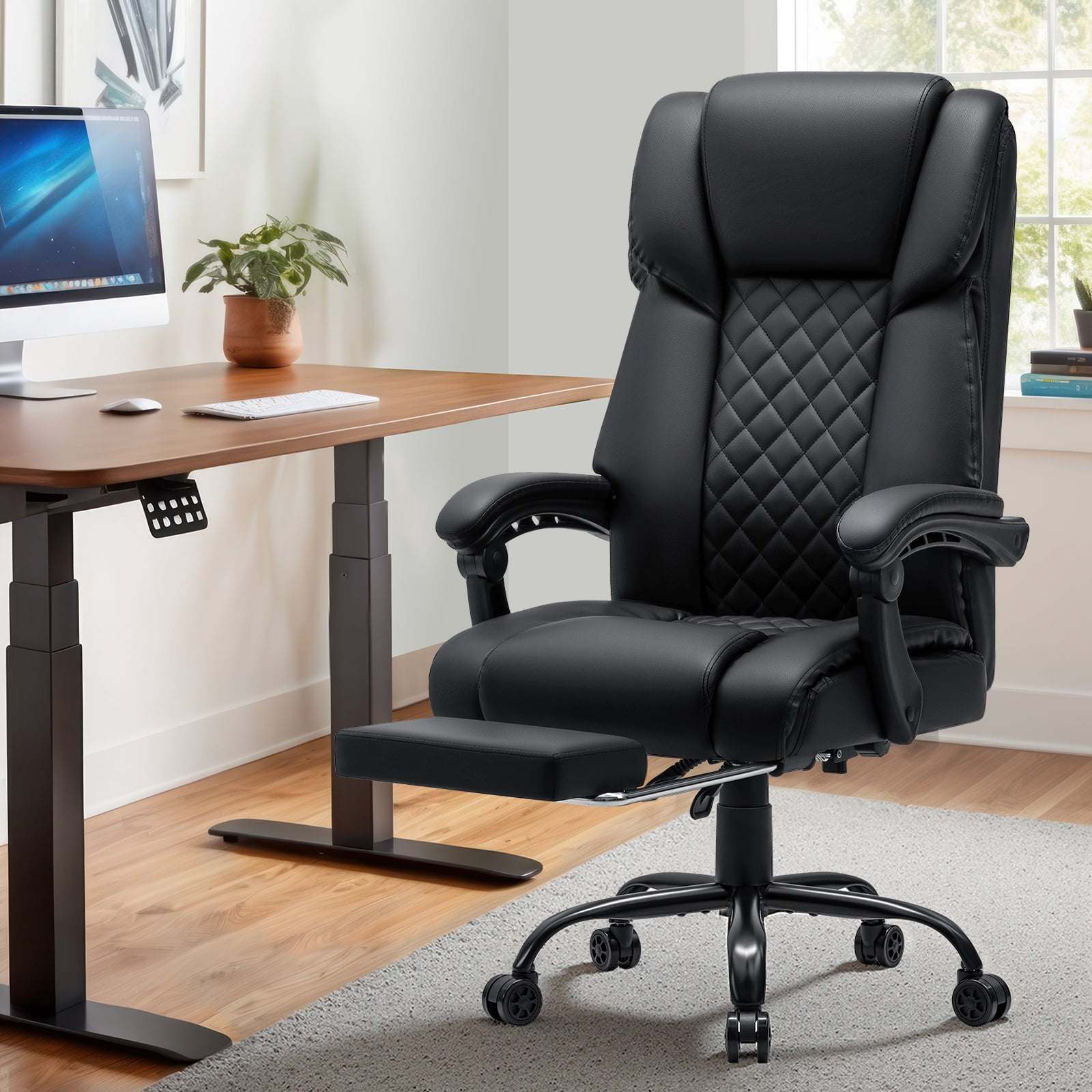 Hoffree Massage ergonomic Office Chair 400LBS, Executive Computer Desk Chair with Footrest , Reclining High Back Leather Office Chair Lumbar Back Support Swivel Rolling for Home Office Black