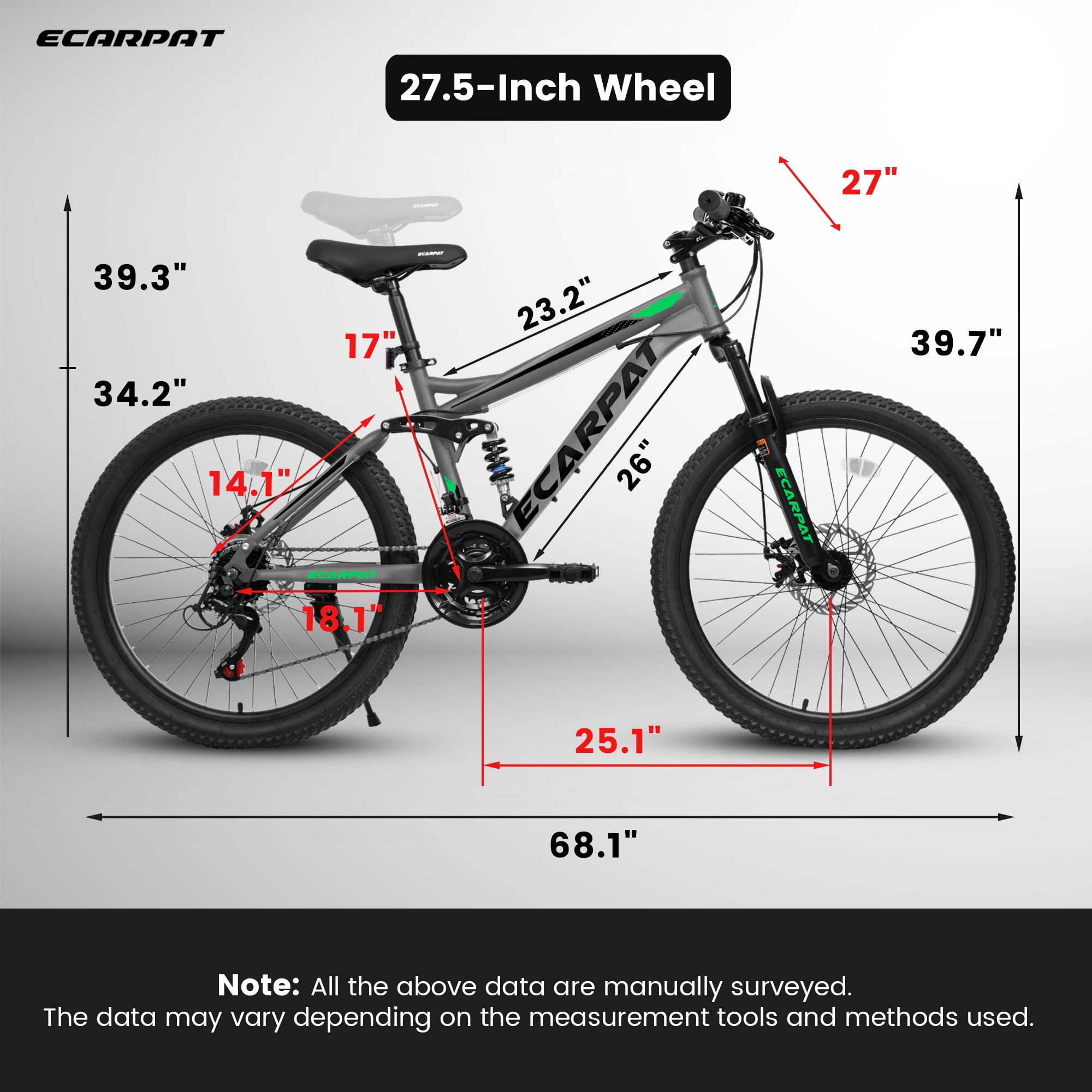 27.5 Inch-Wheels Mountain Bike, 21-Speed Full Suspension Mens Womens Trail Commuter City Bicycle with Disc Brakes, Gray